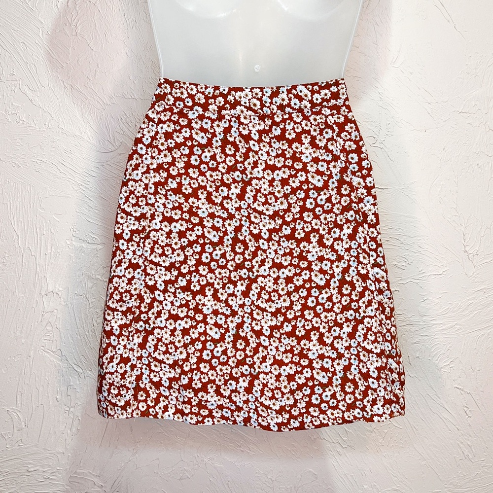 Rust Floral Mini Button Down Skater Skirt Womens 9 Floaty Casual Fall - Picture 5 of 8
